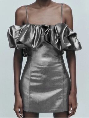 Zara silver metallic voluminous mini cocktail dress